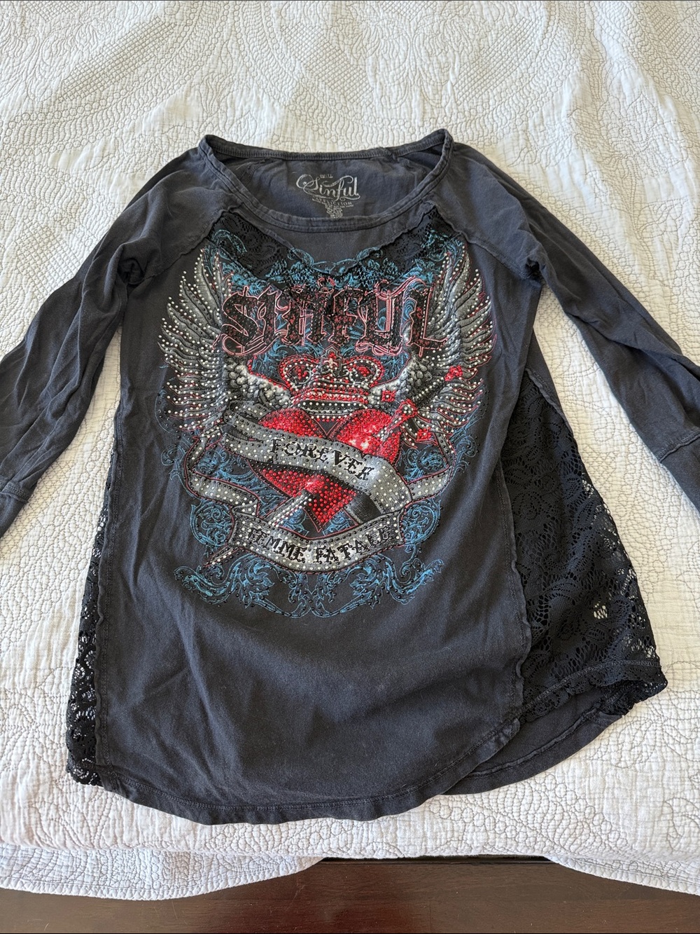 Sinful Black Long Sleeve Graphic Lace-Panel Girls' Top with Red Heart
